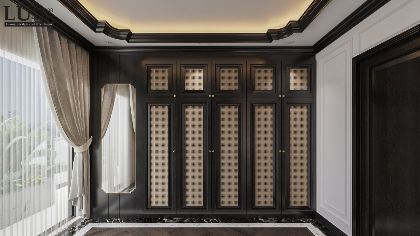 Thiết kế nội thất phong cách Indochine với tủ sử dụng vật liệu chính là gỗ và tre kết hợp.