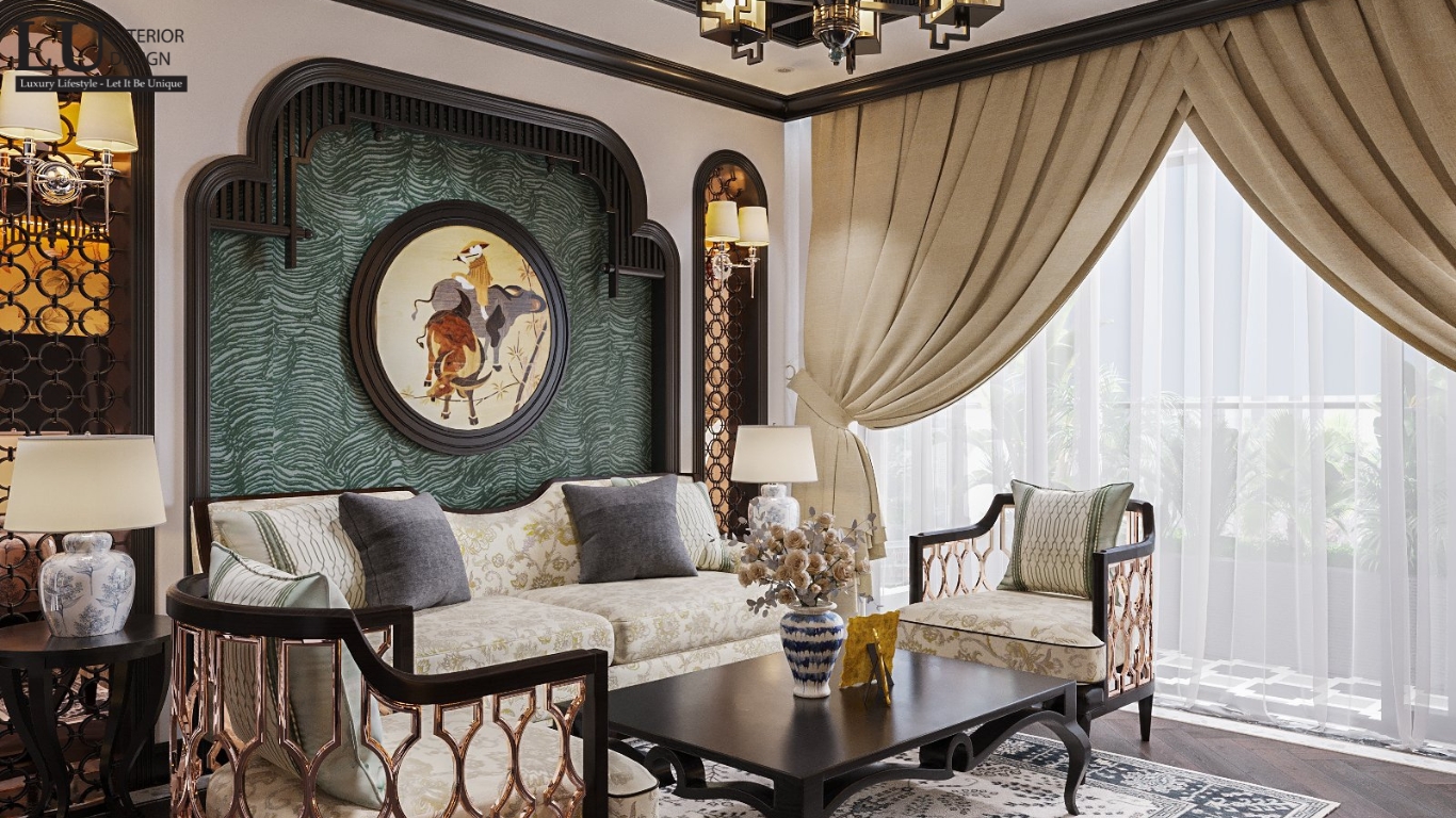 Thiết kế nội thất phòng khách phong cách Indochine với cửa sổ lớn lấy ánh sáng tự nhiên.