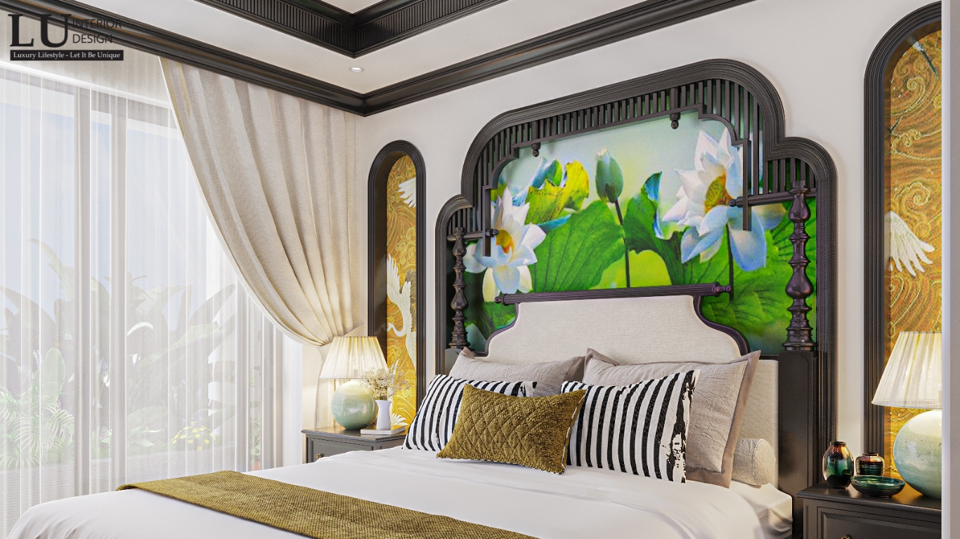 Phòng ngủ được LU Design thiết kế theo phong cách Indochine lấy hoạ tiết hoa sen làm chủ đạo