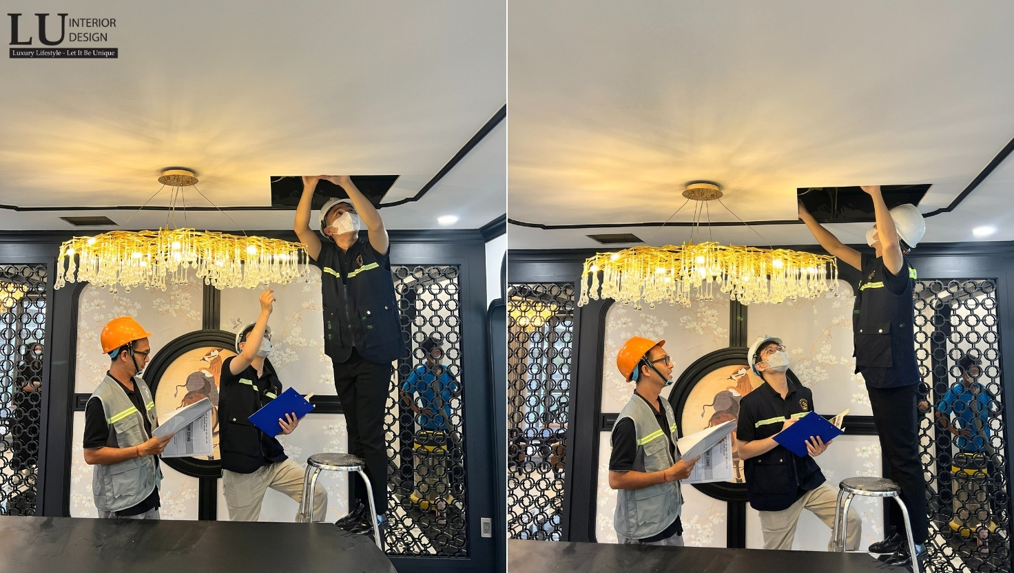 Đội ngũ kỹ thuật LU Design thực hiện kiểm tra hệ thống chiếu sáng, đảm bảo chất lượng công trình sau thi công