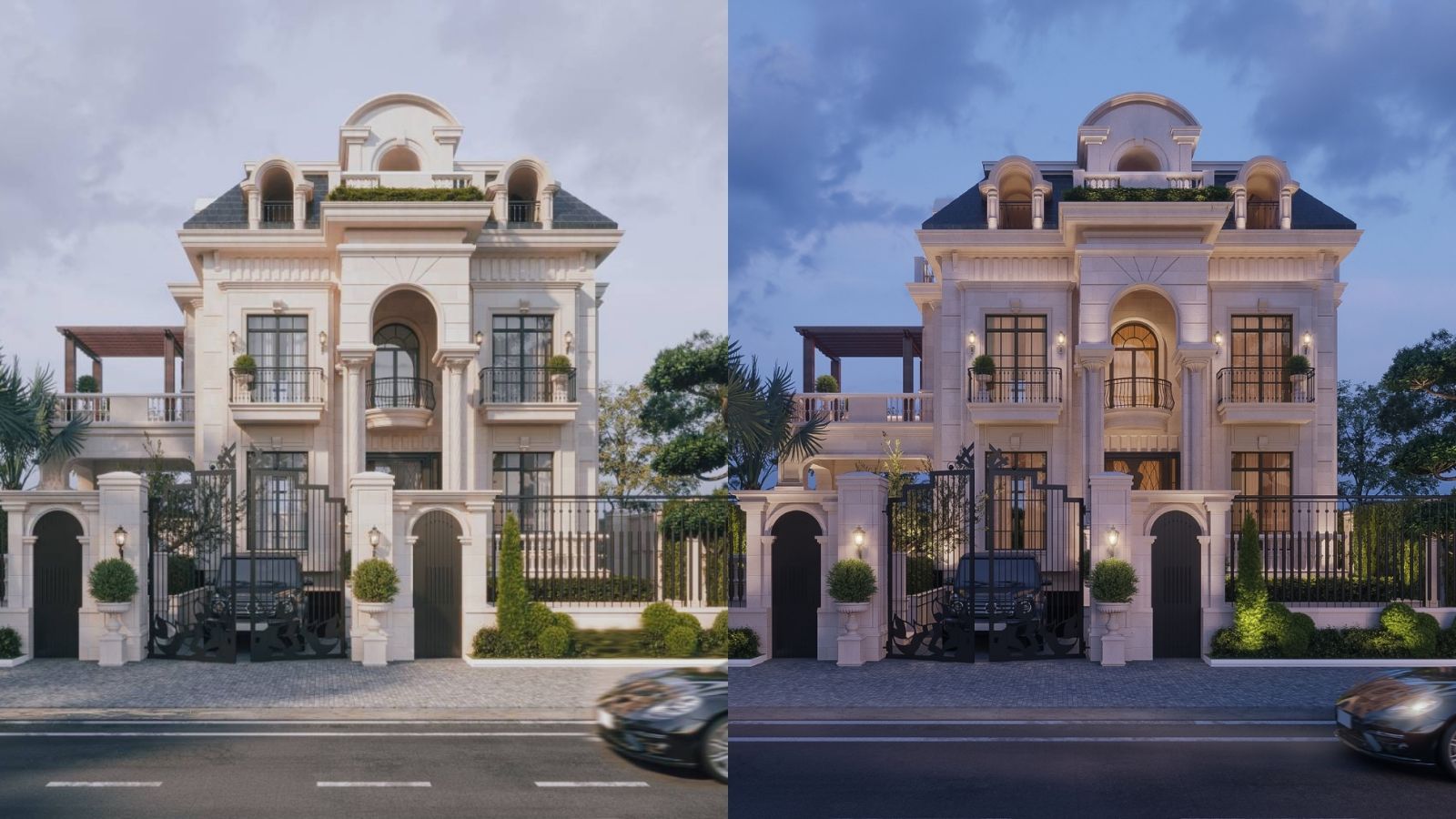 Thiết kế kiến trúc biệt thự Vincenzo theo phong cách Modern Classic của LU Design được phối cảnh ngày và đêm