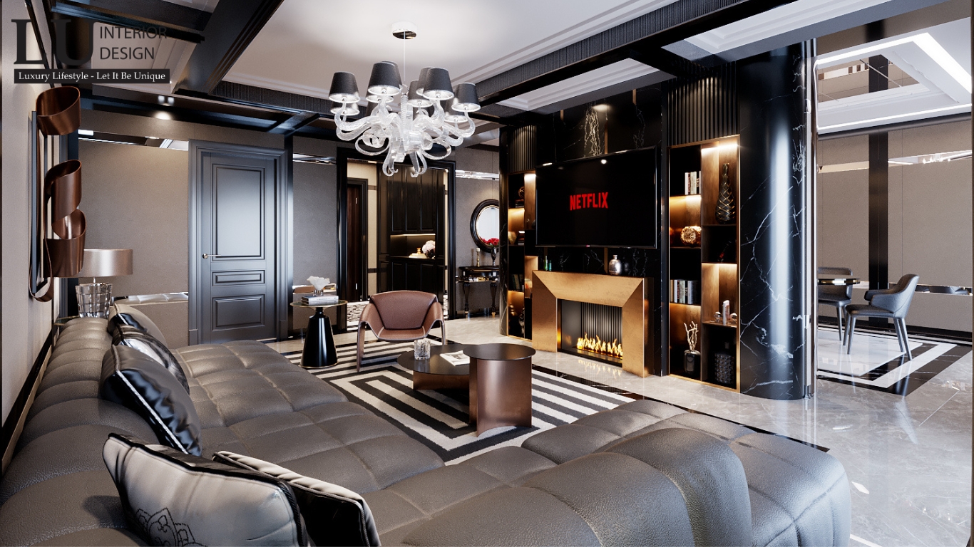 Bức tường nền được trang trí bởi màn hình TV Smart cùng với hệ thống đèn chiếu sáng hiện đại