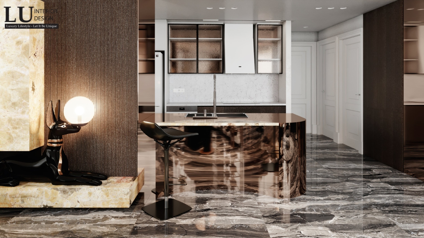  bếp penthouse Vũng Tàu tone đỏ hiện đại cổ điển với đảo bếp và đèn decor nghệ thuật
