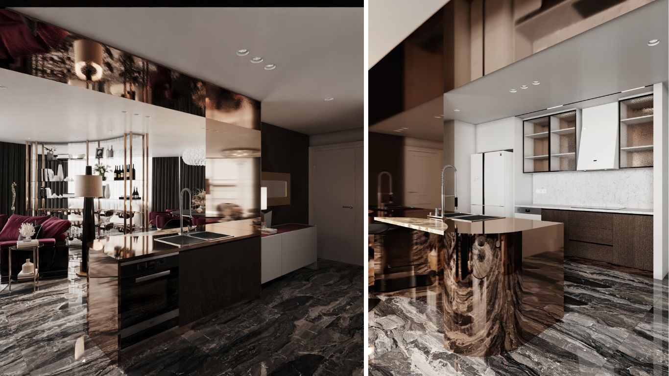 khu vực bếp penthouse Vũng Tàu tone đỏ với thiết kế đảo bếp bo cong phủ bóng và tủ bếp âm tường cao cấp