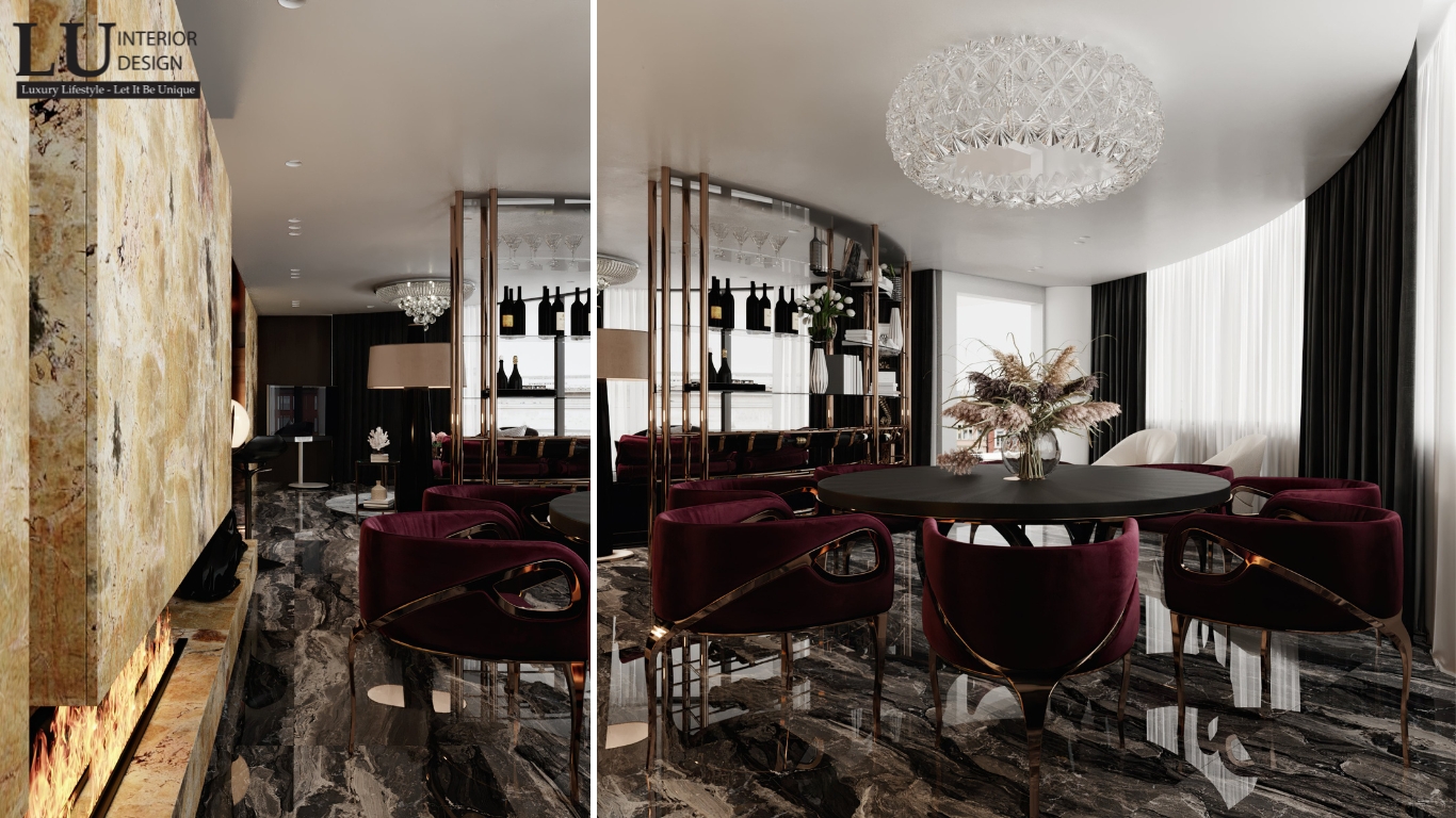 không gian phòng ăn penthouse Vũng Tàu tone đỏ kết hợp vách đá tự nhiên và bàn tròn hiện đại
