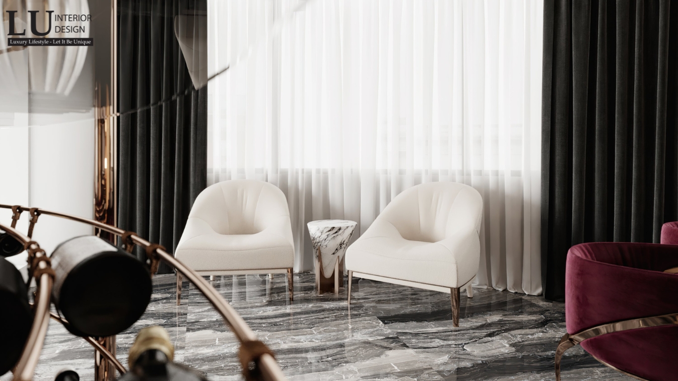 góc thư giãn penthouse Vũng Tàu với ghế bành trắng