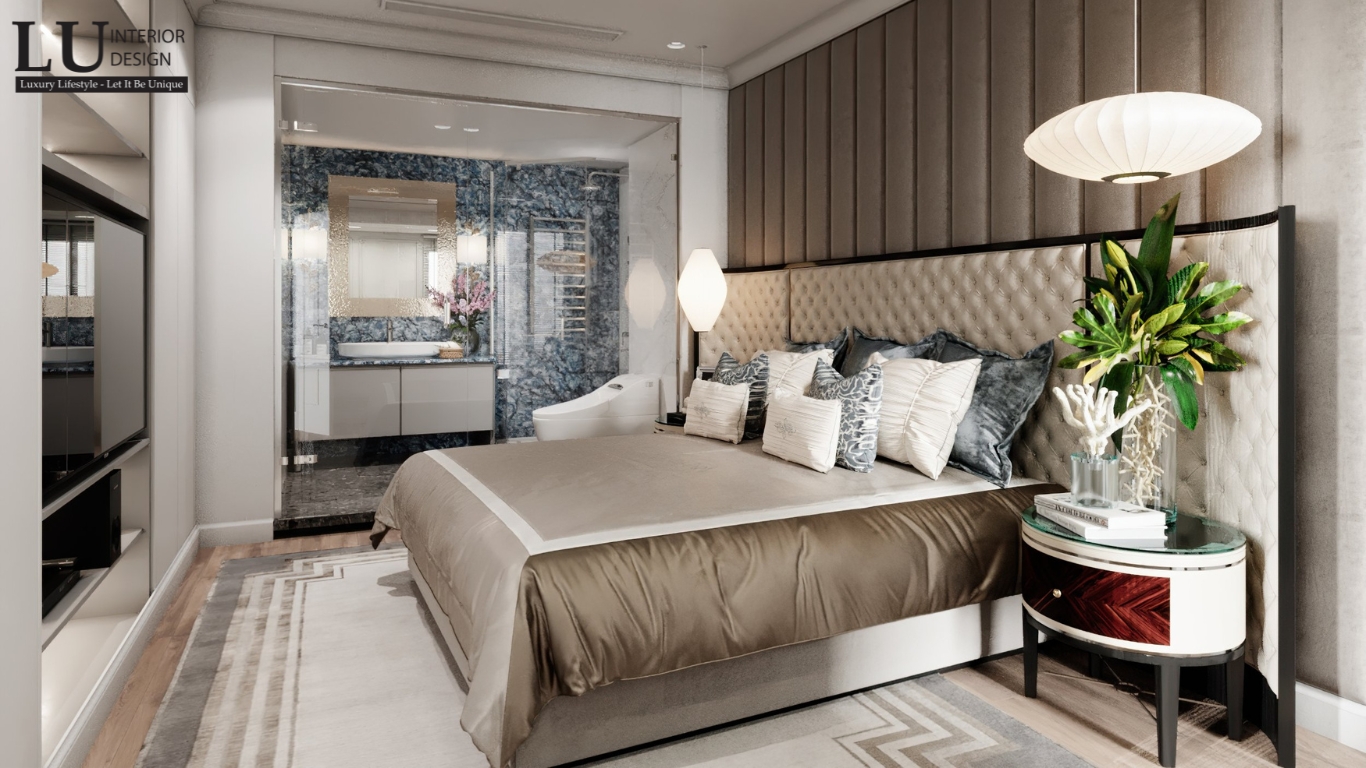 phòng ngủ master penthouse Vũng Tàu tone xanh thiết kế hiện đại cổ điển với vách đầu giường bọc nệm và phòng tắm liền kề