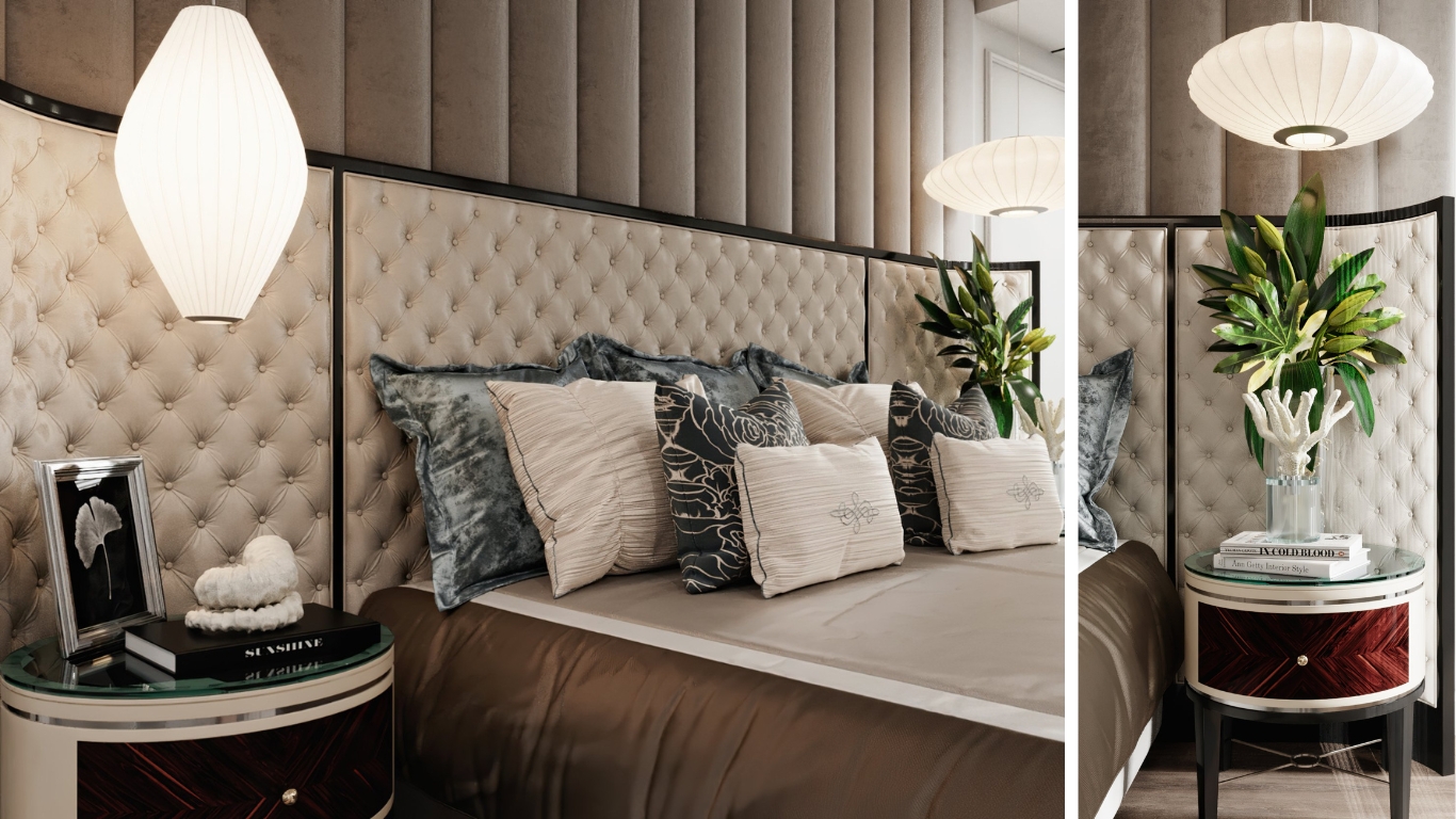  nội thất phòng ngủ master penthouse Vũng Tàu tone xanh với gối nhung, đèn ngủ phong cách và decor đầu giường thanh lịch