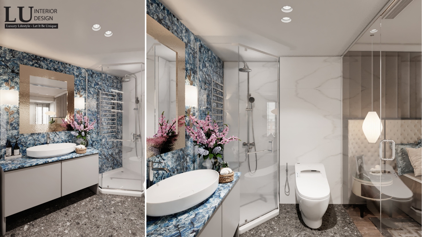 phòng tắm master penthouse Vũng Tàu thiết kế hiện đại cổ điển với đá xanh ốp tường và thiết bị vệ sinh cao cấp