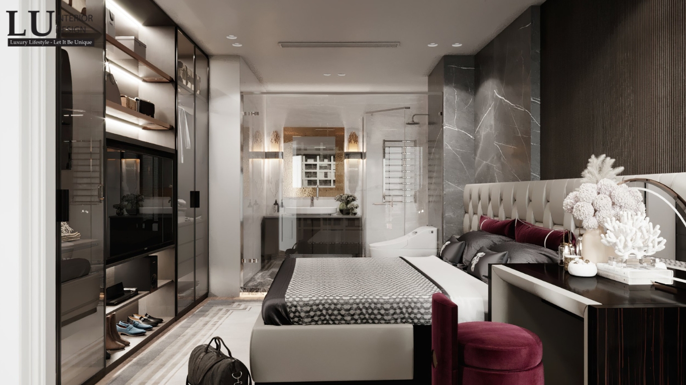 nội thất phòng ngủ master penthouse Vũng Tàu tone đỏ hiện đại cổ điển với khu vực thay đồ và phòng tắm liền kề
