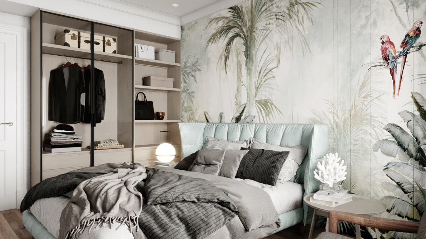  nội thất phòng ngủ penthouse Vũng Tàu phong cách modern classic với tranh tường cây cối và két sắt âm tường