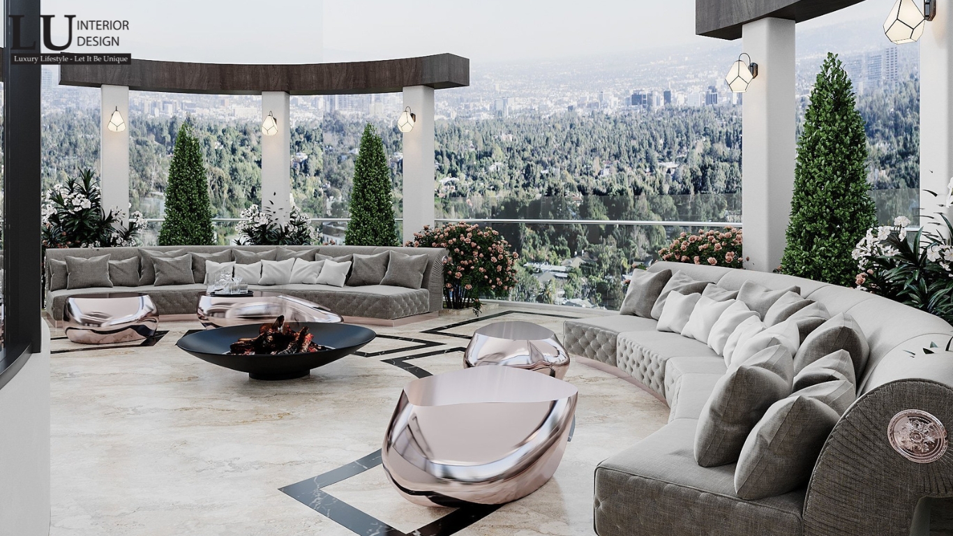 Khu vực nghỉ ngơi ngoài trời với sofa và bàn trà phong cách Modern Classic