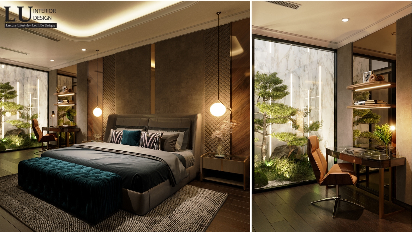 Chi tiết phòng ngủ 2 với ánh sáng ấm cúng từ đèn bàn và đèn tường tạo cảm giác thư giãn