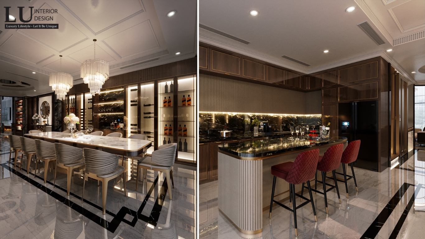 Khu vực bếp và phòng ăn được thiết kế với không gian mở, giúp kết nối liền mạch các khu vực chức năng